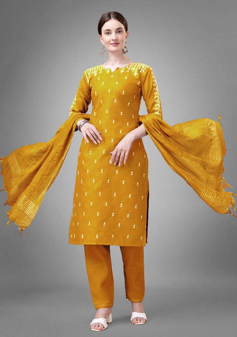 Yellow Embroidered Cotton Straight Kurta Set - Indya