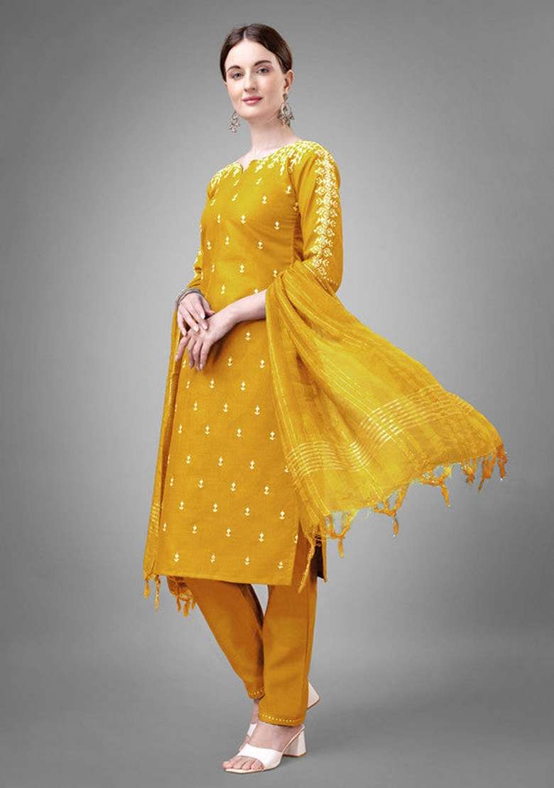 Yellow Embroidered Cotton Straight Kurta Set - Indya