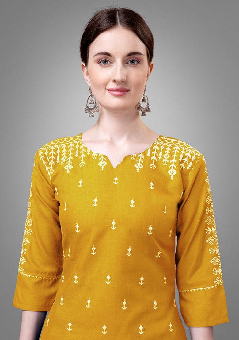 Yellow Embroidered Cotton Blend Salwar Kameez With Dupatta