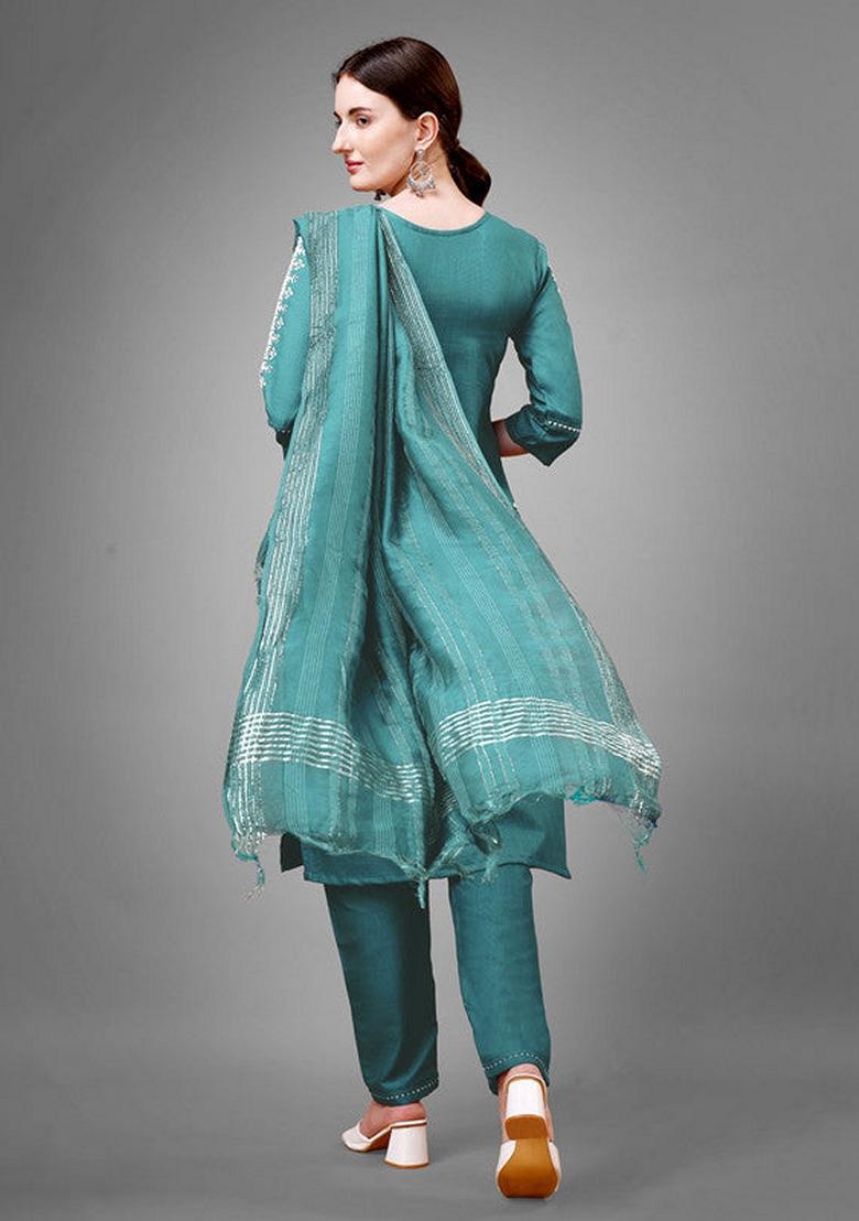 Teal Blue Embroidered Cotton Blend Salwar Kameez With Dupatta