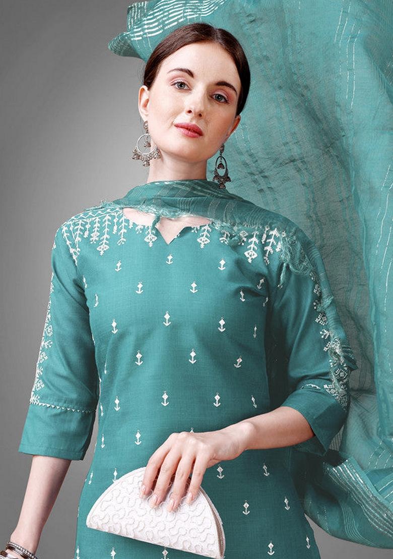 Teal Blue Embroidered Cotton Blend Salwar Kameez With Dupatta