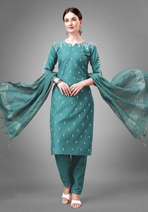 Teal Blue Embroidered Cotton Blend Salwar Kameez With Dupatta