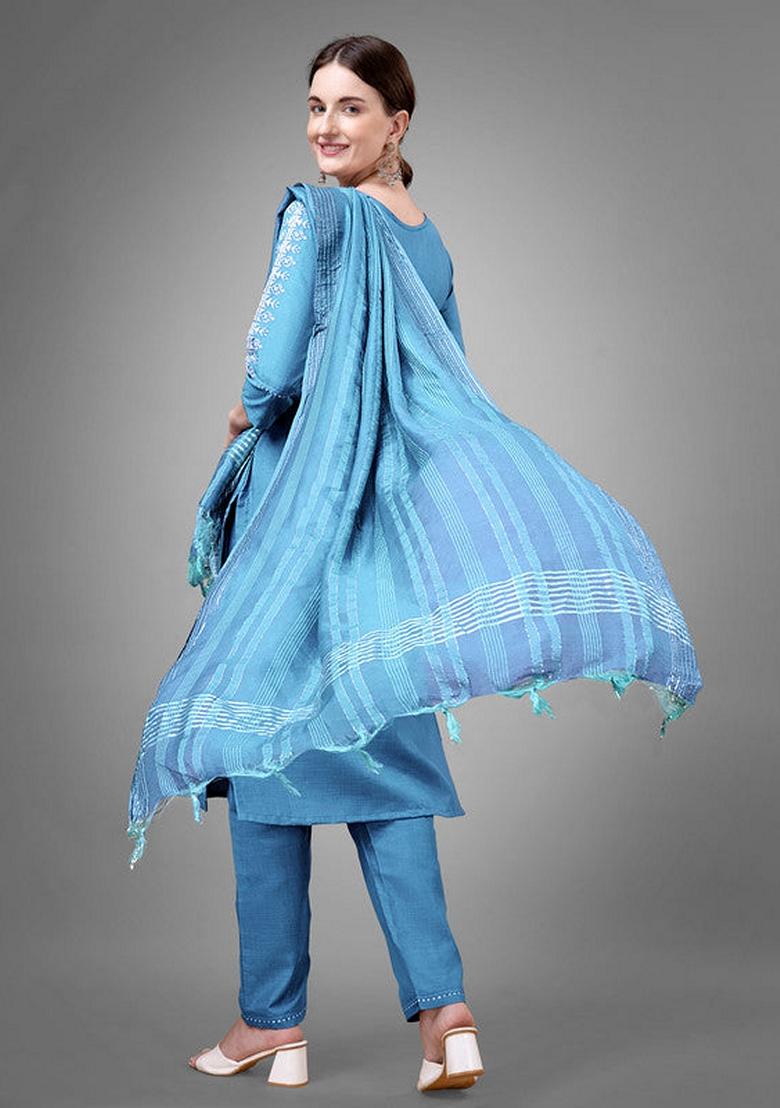 Sky Blue Embroidered Cotton Blend Salwar Kameez With Dupatta
