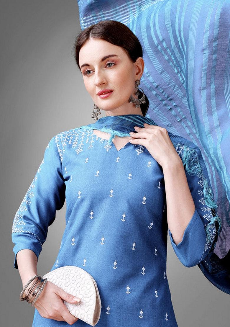 Sky Blue Embroidered Cotton Blend Salwar Kameez With Dupatta