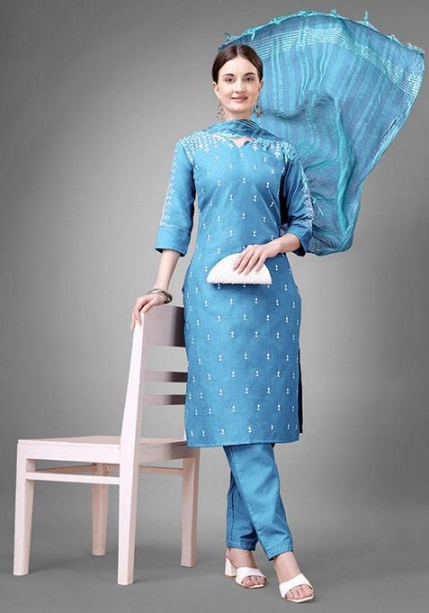 Sky Blue Embroidered Cotton Blend Salwar Kameez With Dupatta