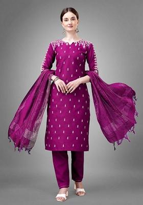 Purple Embroidered Cotton Blend Salwar Kameez With Dupatta