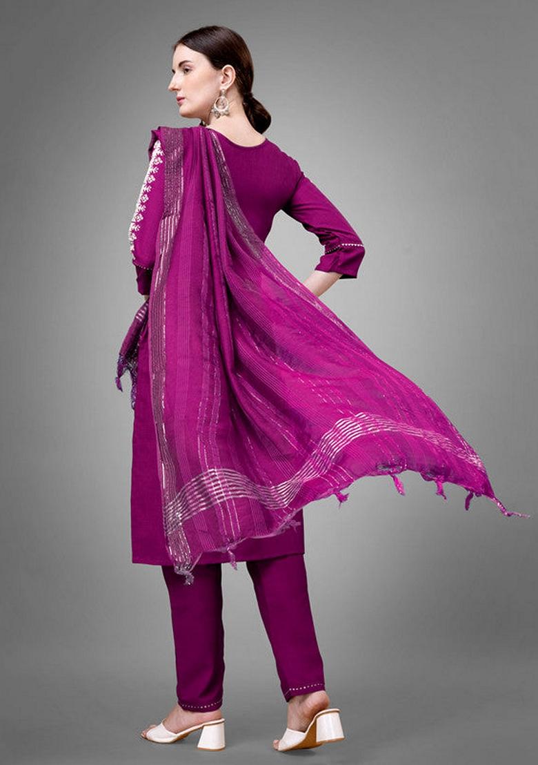 Purple Embroidered Cotton Blend Salwar Kameez With Dupatta