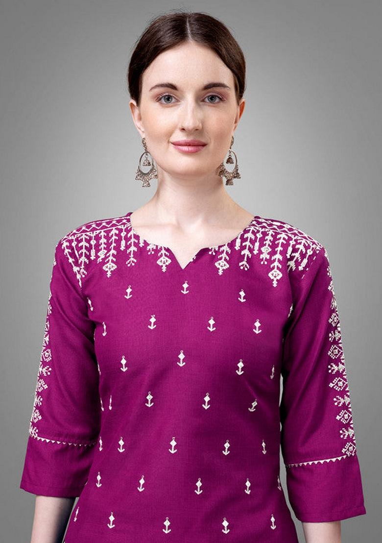 Purple Embroidered Cotton Blend Salwar Kameez With Dupatta