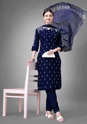 Dark Blue Embroidered Cotton Blend Salwar Kameez With Dupatta