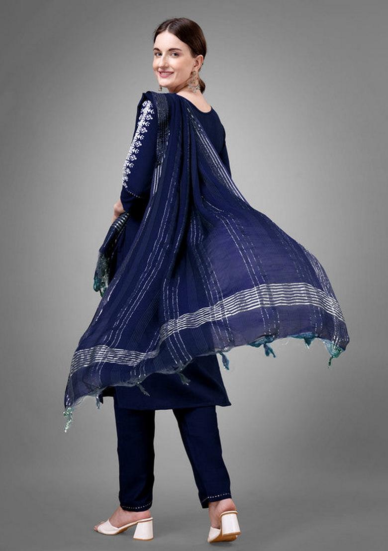Dark Blue Embroidered Cotton Blend Salwar Kameez With Dupatta
