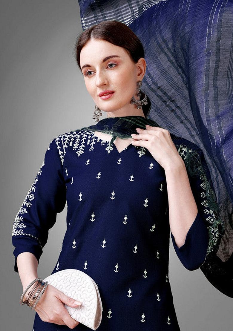 Dark Blue Embroidered Cotton Blend Salwar Kameez With Dupatta
