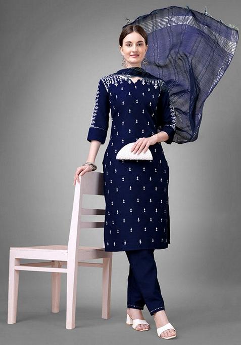 Dark Blue Embroidered Cotton Blend Salwar Kameez With Dupatta