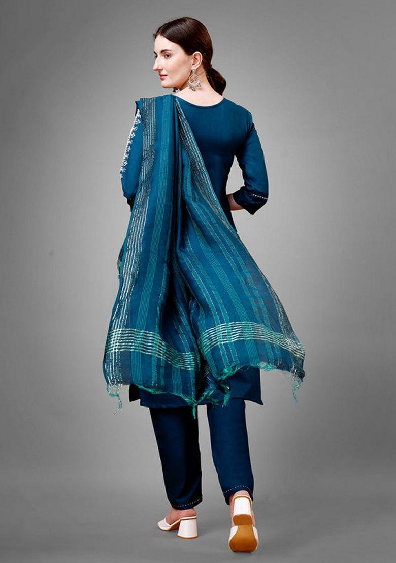 Blue Embroidered Cotton Blend Salwar Kameez With Dupatta