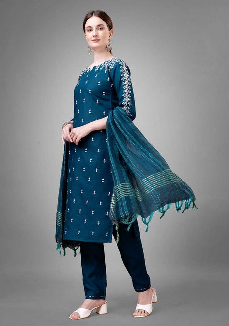 Blue Embroidered Cotton Pakistani Suit Set - Indya