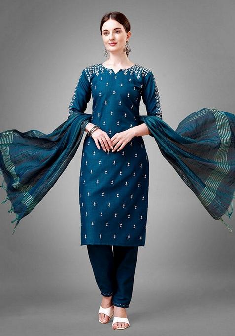 Blue Embroidered Cotton Blend Salwar Kameez With Dupatta