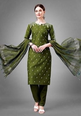 Green Embroidered Cotton Blend Salwar Kameez With Dupatta