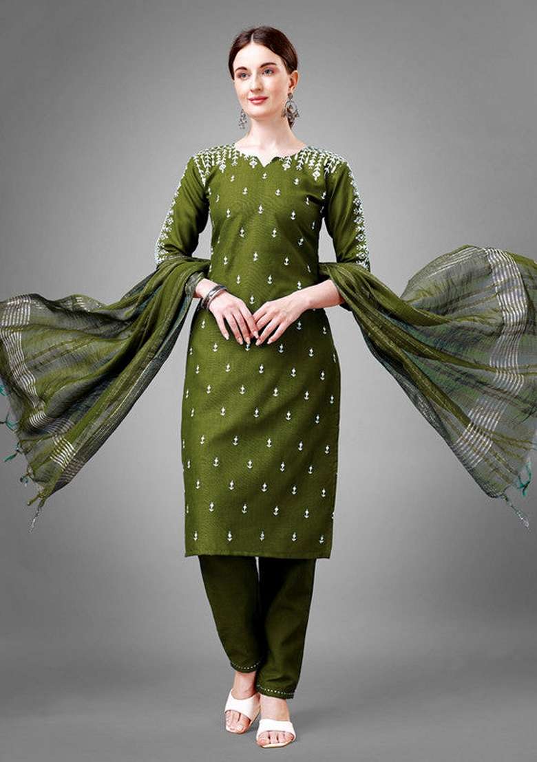 Green Embroidered Cotton Straight Kurta Set - Indya