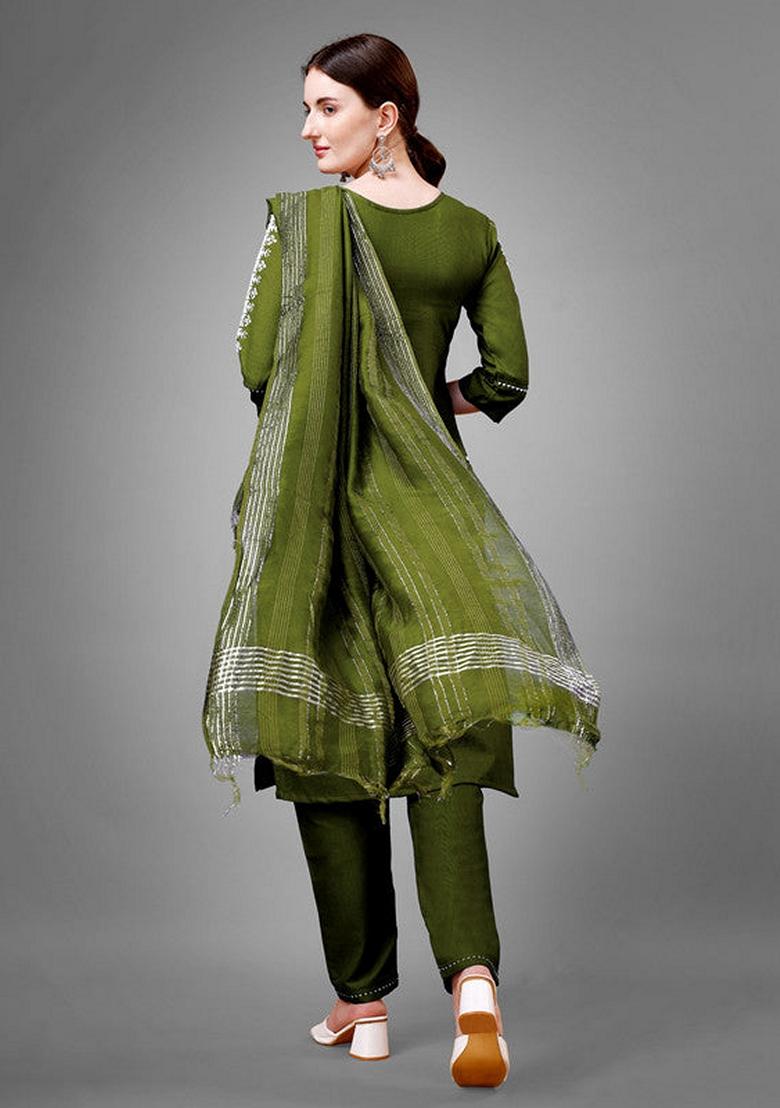 Green Embroidered Cotton Blend Salwar Kameez With Dupatta
