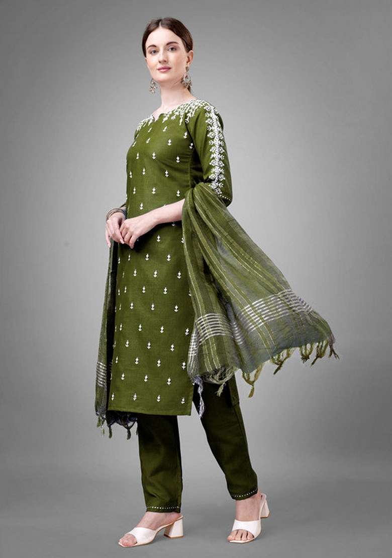 Green Embroidered Cotton Straight Kurta Set - Indya