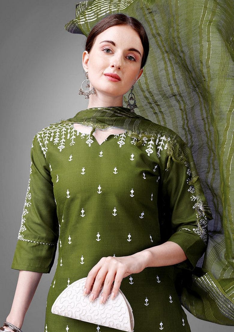 Green Embroidered Cotton Blend Salwar Kameez With Dupatta