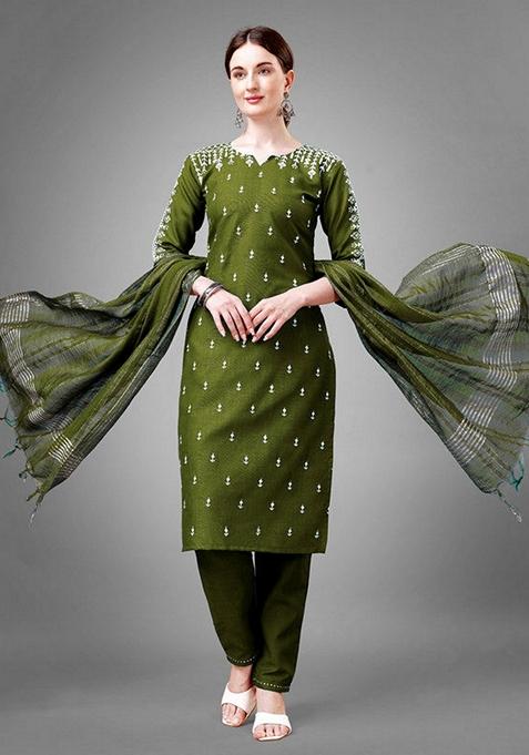 Green Embroidered Cotton Blend Salwar Kameez With Dupatta