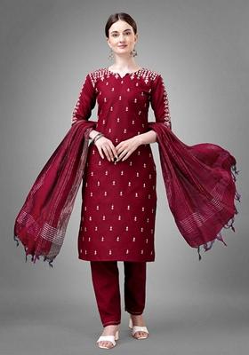 Maroon Embroidered Cotton Blend Salwar Kameez With Dupatta