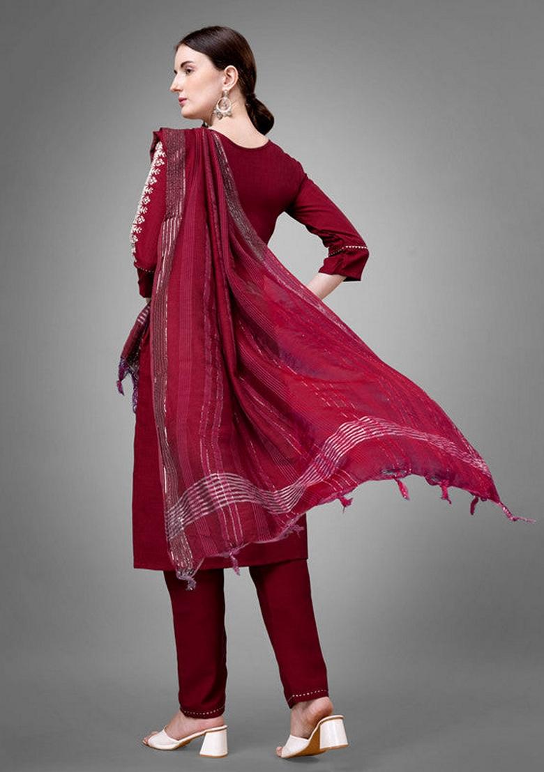 Maroon Embroidered Cotton Blend Salwar Kameez With Dupatta