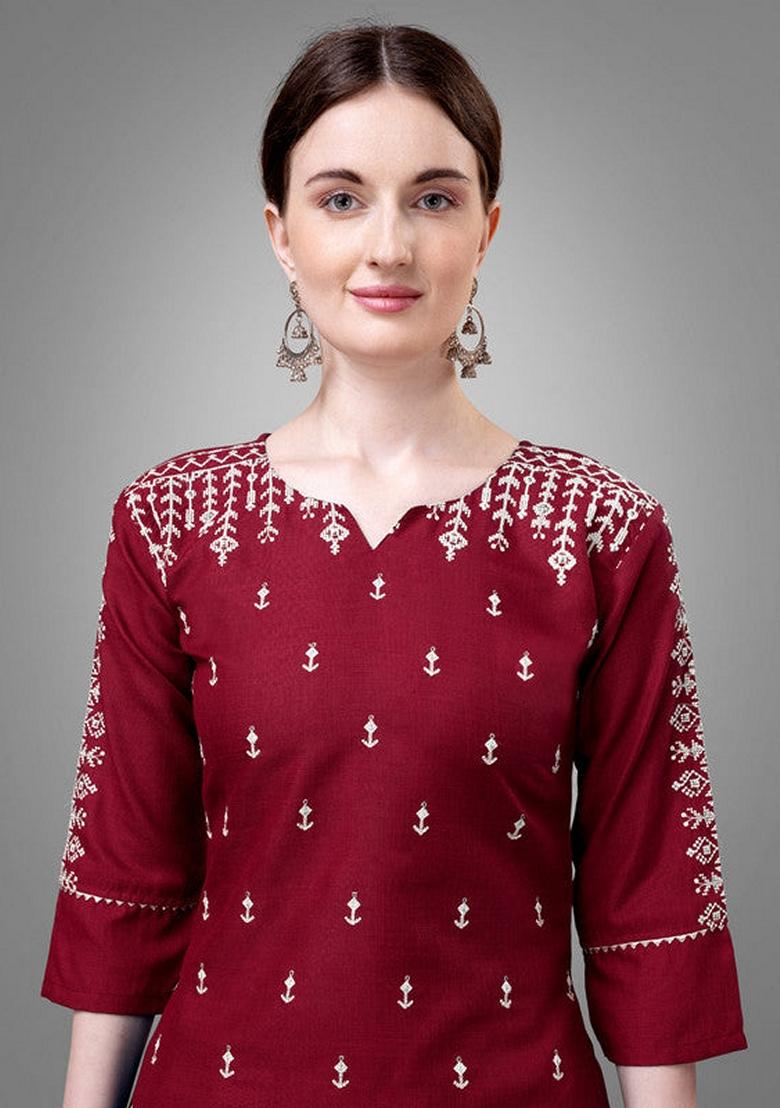 Maroon Embroidered Cotton Blend Salwar Kameez With Dupatta