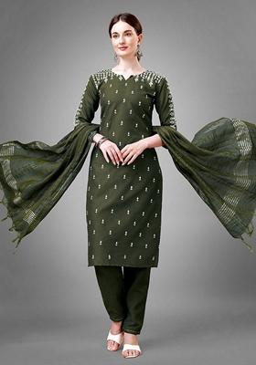 Dark Green Embroidered Cotton Blend Salwar Kameez With Dupatta