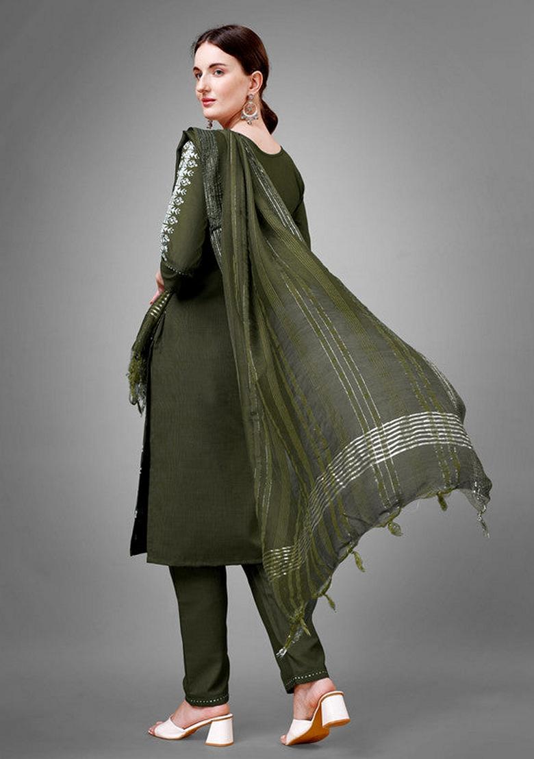 Dark Green Embroidered Cotton Blend Salwar Kameez With Dupatta