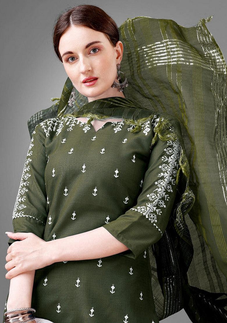 Dark Green Embroidered Cotton Blend Salwar Kameez With Dupatta