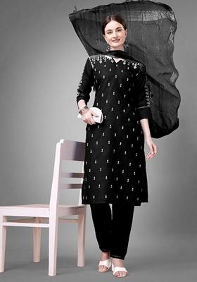 Black Embroidered Cotton Blend Salwar Kameez With Dupatta