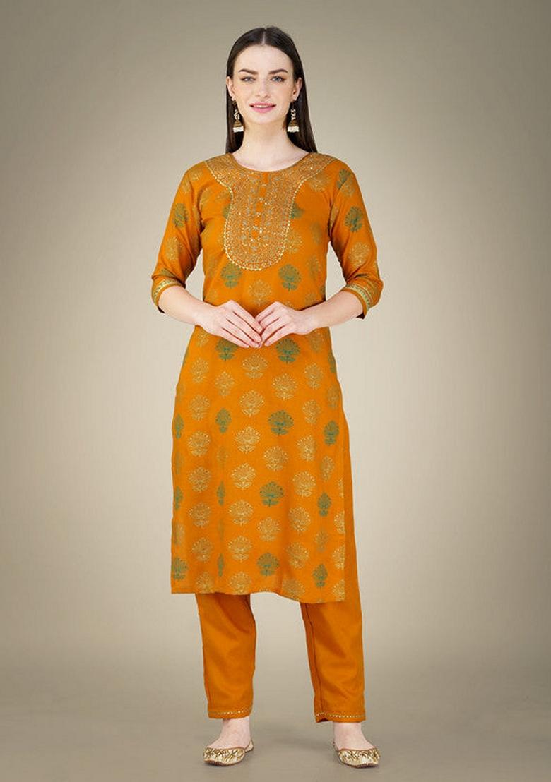 Yellow Embroidered Cotton Magic Slub Salwar Kameez With Dupatta