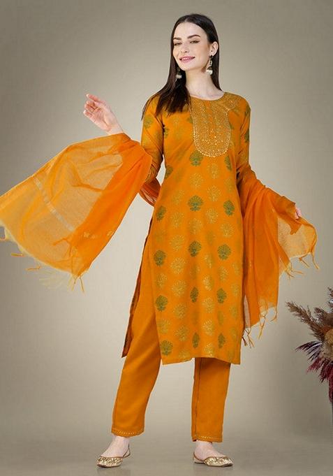 Yellow Embroidered Cotton Magic Slub Salwar Kameez With Dupatta