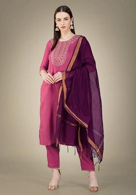 Wine Embroidered Cotton Magic Slub Salwar Kameez With Dupatta