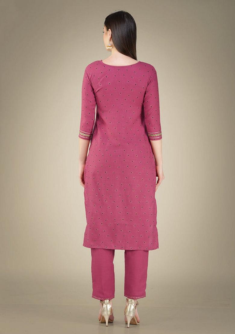 Wine Embroidered Cotton Magic Slub Salwar Kameez With Dupatta