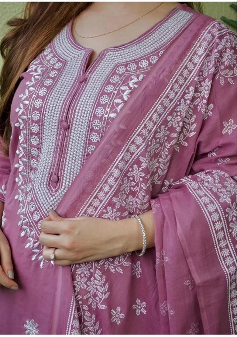 Purple Embroidered Viscose Salwar Kameez With Dupatta