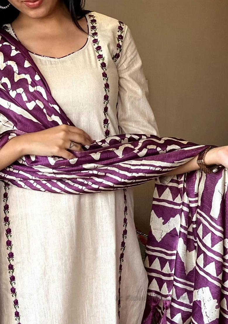 Purple Embroidered Pure Cotton Salwar Kameez With Dupatta