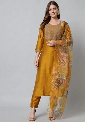 Mustard Yellow Embroidered Cotton Silk Salwar Kameez With Dupatta
