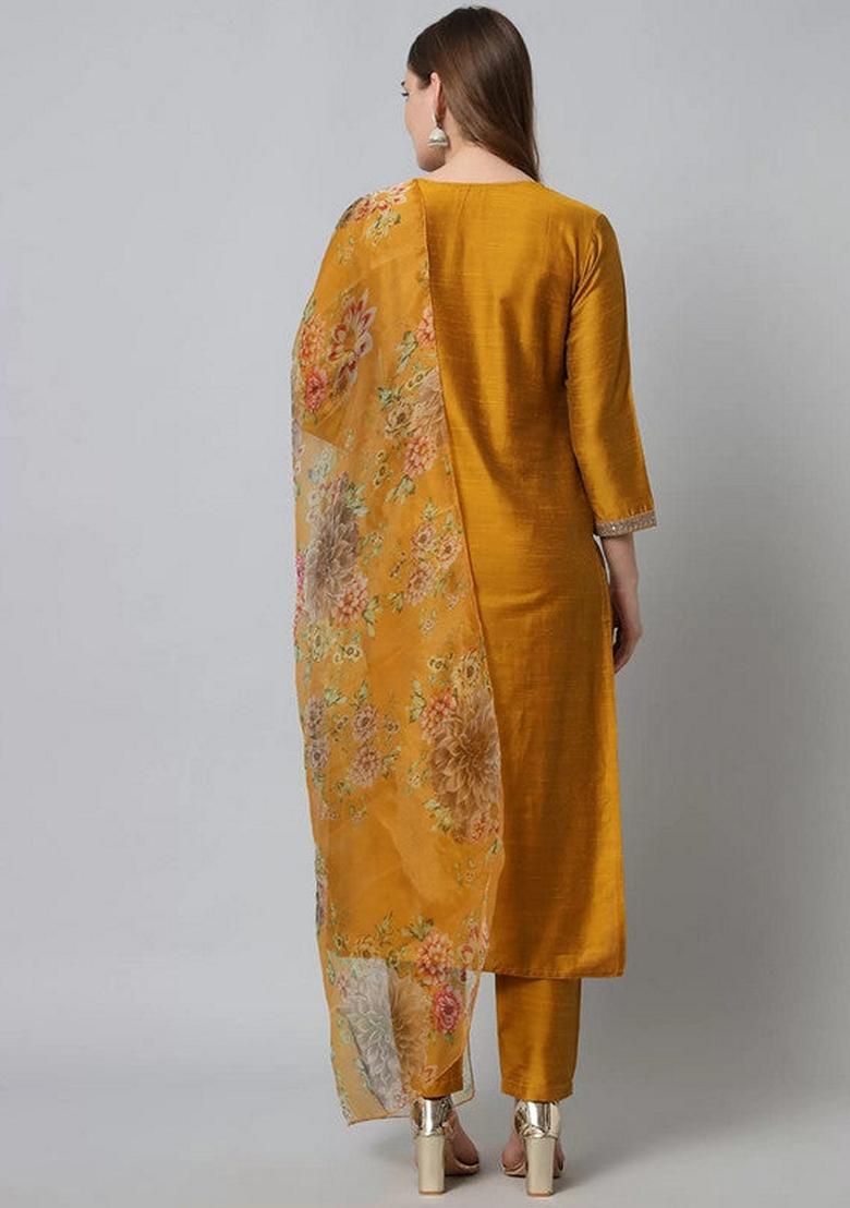 Mustard Yellow Embroidered Cotton Silk Salwar Kameez With Dupatta