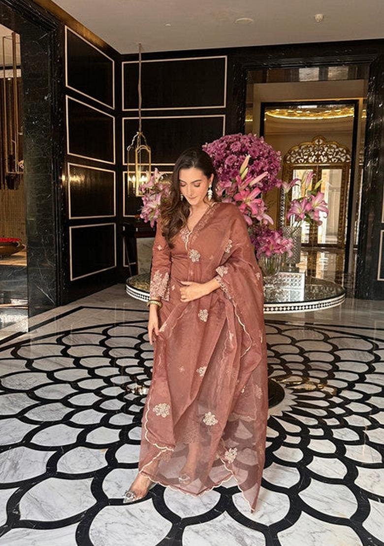 Brown Embroidered Viscose Silk Salwar Kameez With Dupatta