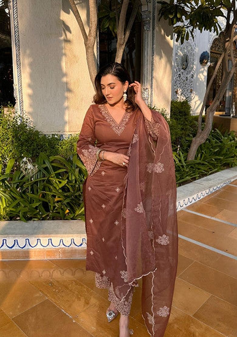 Brown Embroidered Viscose Silk Salwar Kameez With Dupatta
