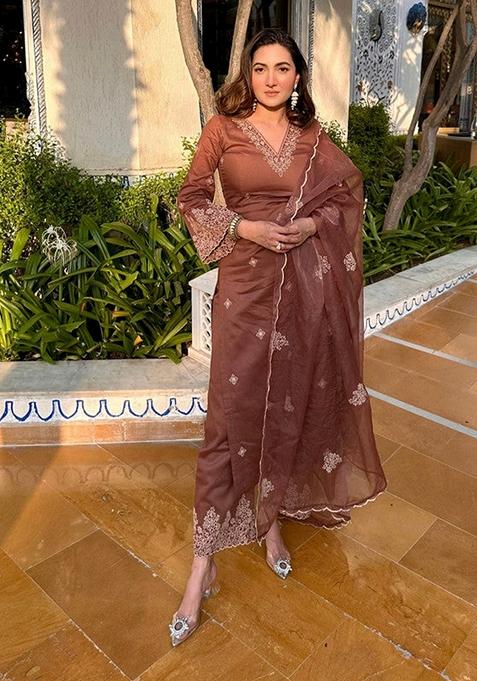 Brown Embroidered Viscose Silk Salwar Kameez With Dupatta
