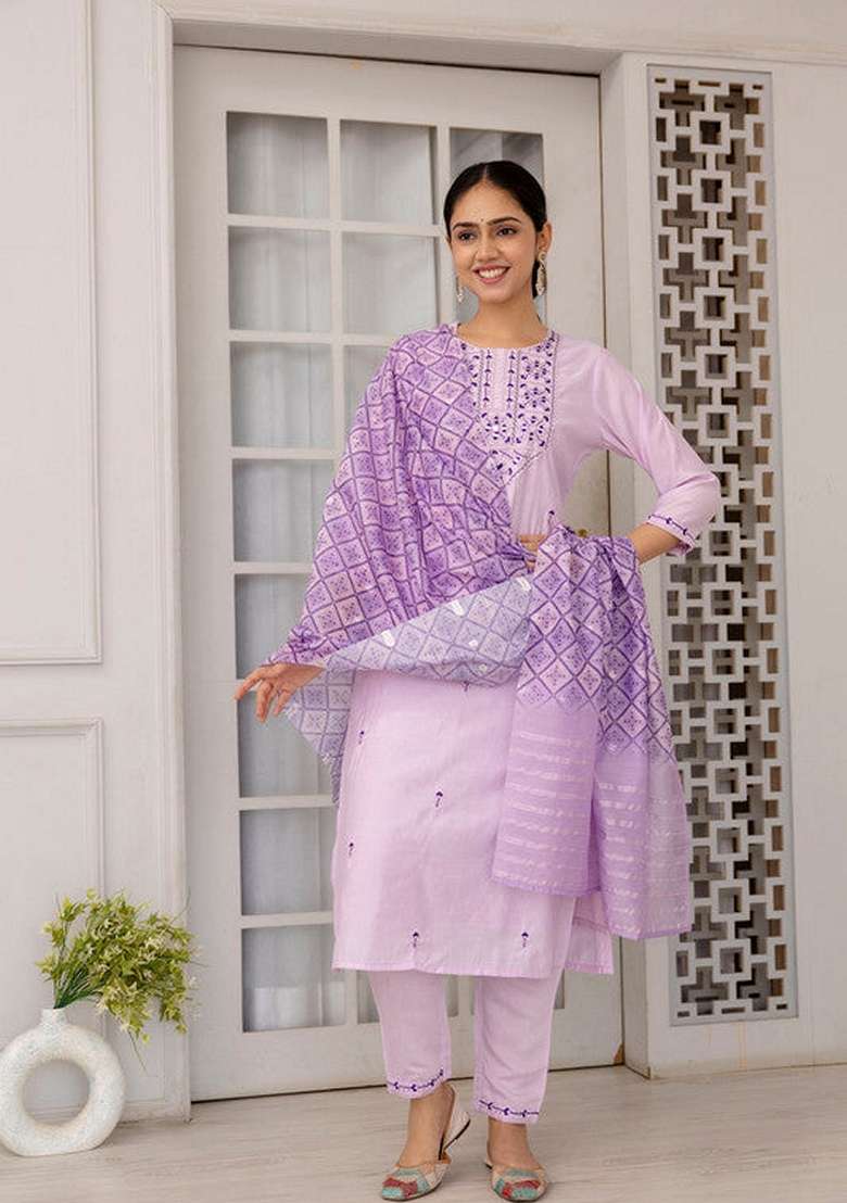 Lavender Embroidered Viscose Straight Kurta Set - Indya