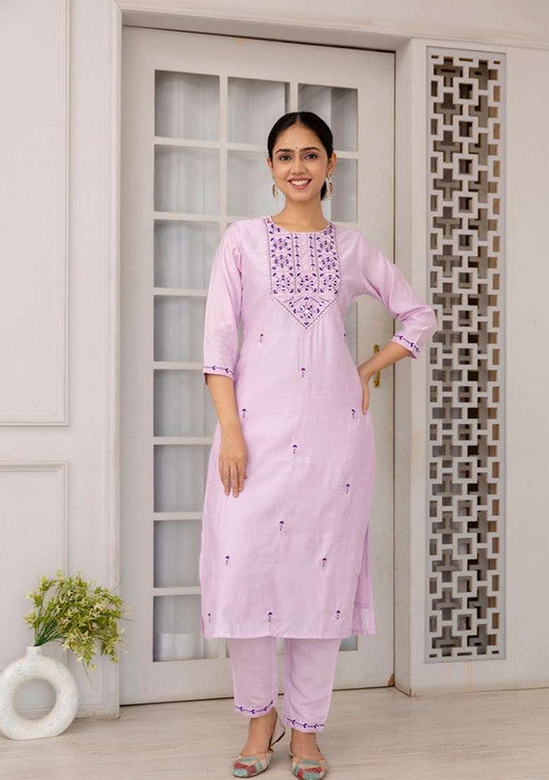 Lavender Embroidered Viscose Straight Kurta Set - Indya