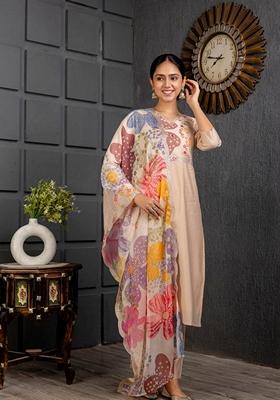 Cream Solid Viscose Salwar Kameez With Dupatta