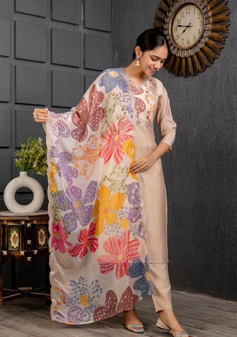 Cream Solid Viscose Salwar Kameez With Dupatta