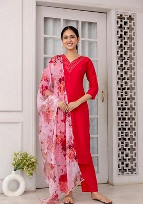 Rani Pink Embroidered Viscose Straight Kurta Set