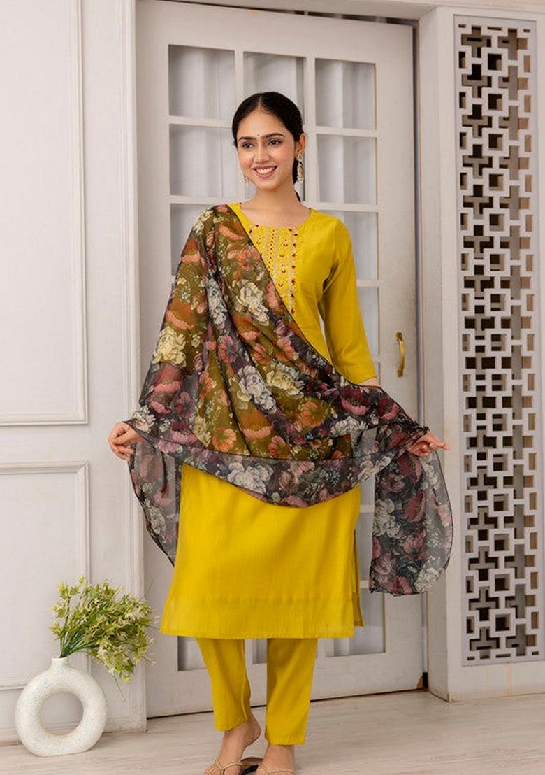 Mustard Yellow Solid Viscose Salwar Kameez With Dupatta