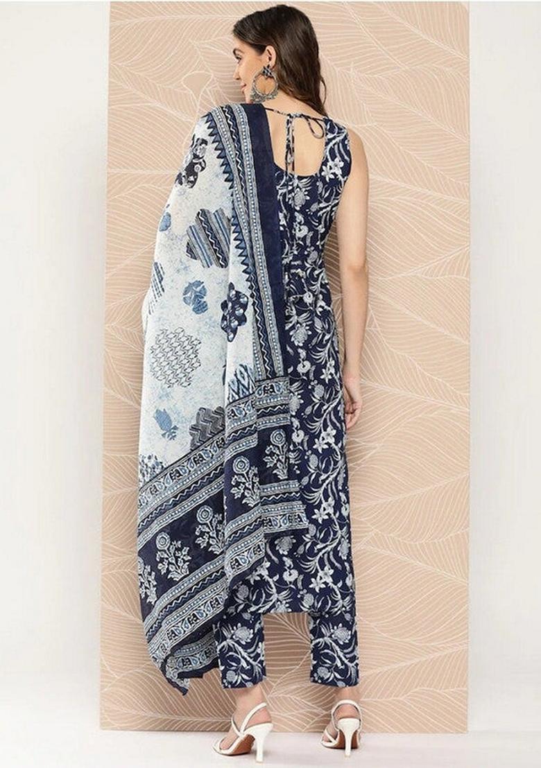 Navy Blue Printed Viscose Salwar Kameez With Dupatta